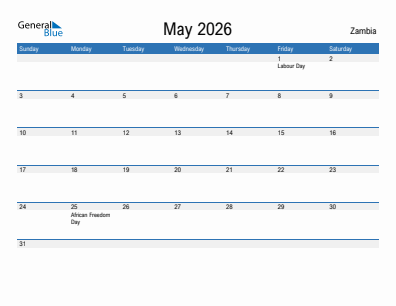 Current month calendar with Zambia holidays for May 2026