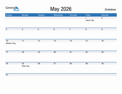 Current month calendar with Zimbabwe holidays for May 2026