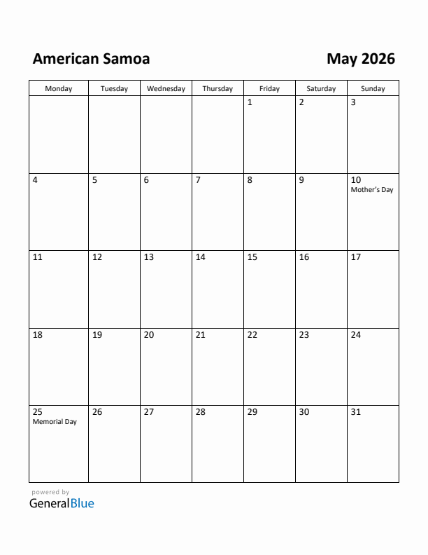 May 2026 Calendar with American Samoa Holidays