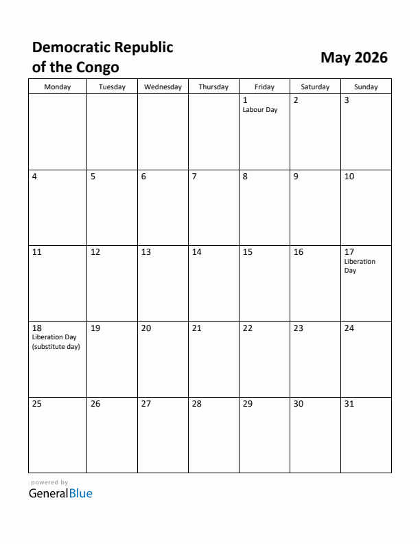 May 2026 Calendar with Democratic Republic of the Congo Holidays
