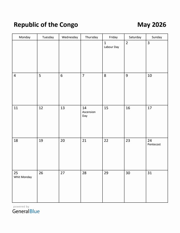 May 2026 Calendar with Republic of the Congo Holidays