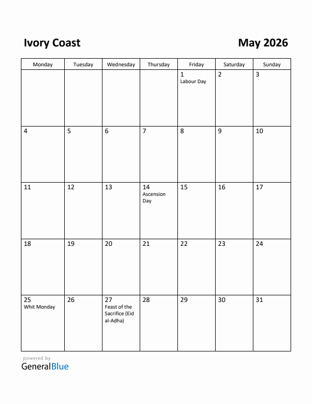 May 2026 Calendar with Ivory Coast Holidays