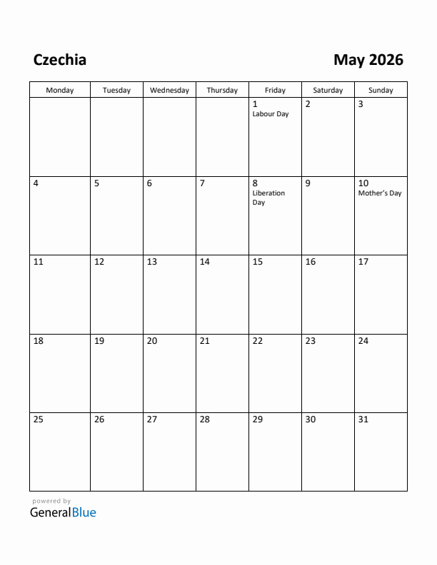 May 2026 Calendar with Czechia Holidays
