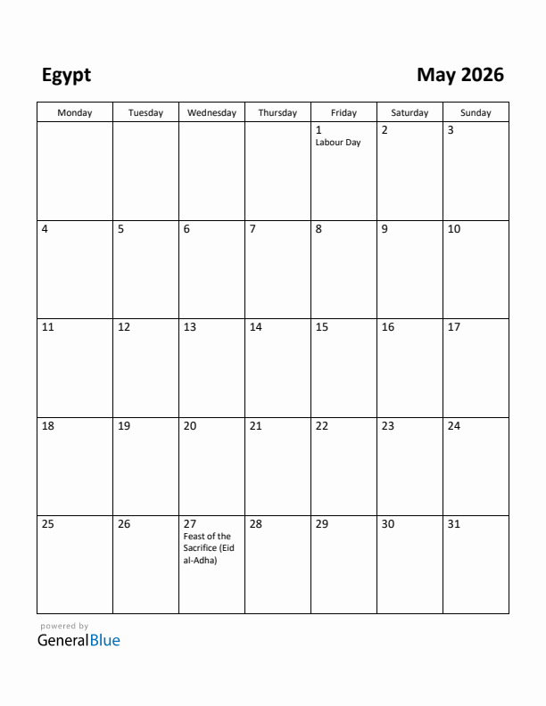 May 2026 Calendar with Egypt Holidays