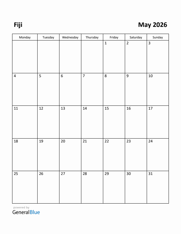 May 2026 Calendar with Fiji Holidays