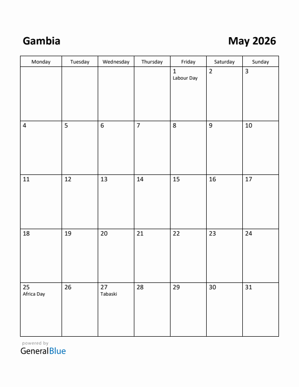May 2026 Calendar with Gambia Holidays