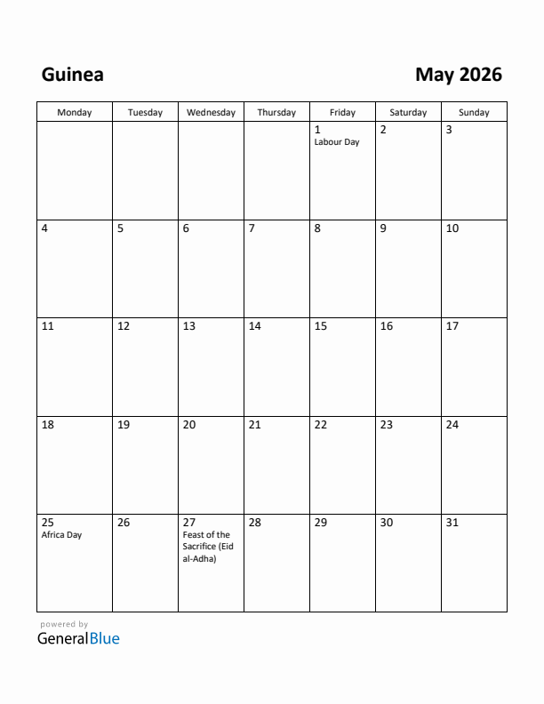 May 2026 Calendar with Guinea Holidays
