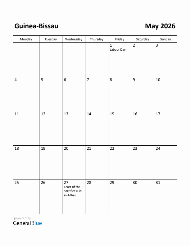 May 2026 Calendar with Guinea-Bissau Holidays