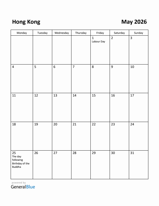 May 2026 Calendar with Hong Kong Holidays