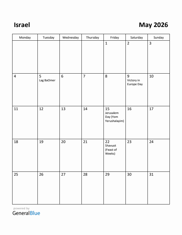 May 2026 Calendar with Israel Holidays