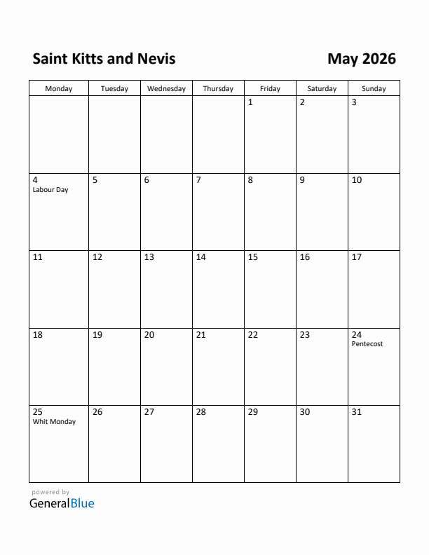 May 2026 Calendar with Saint Kitts and Nevis Holidays