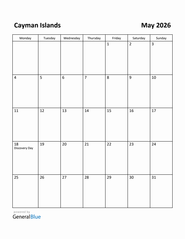 May 2026 Calendar with Cayman Islands Holidays