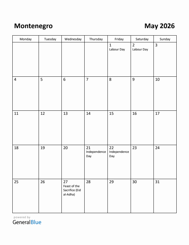 May 2026 Calendar with Montenegro Holidays