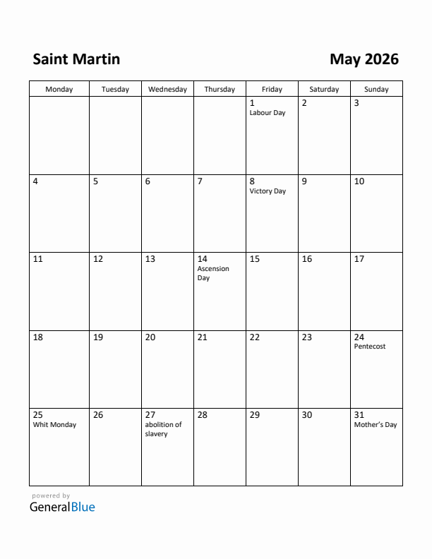 May 2026 Calendar with Saint Martin Holidays