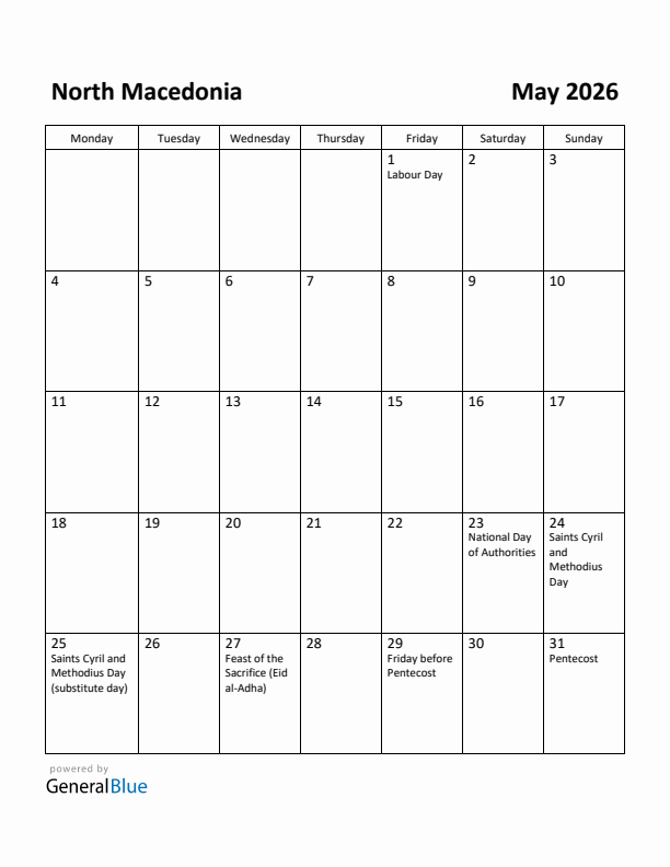 May 2026 Calendar with North Macedonia Holidays