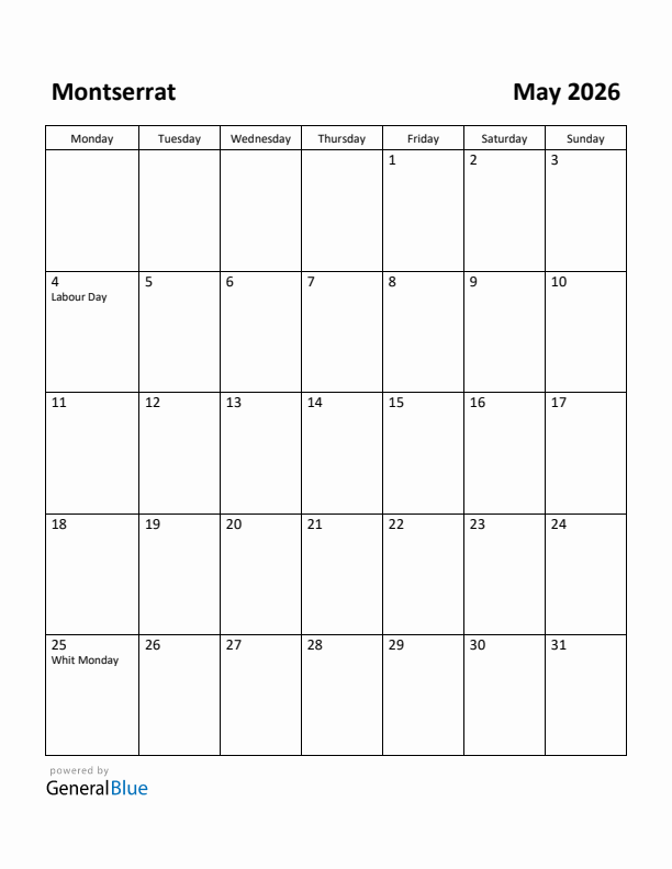 May 2026 Calendar with Montserrat Holidays