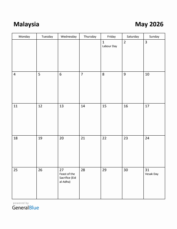 May 2026 Calendar with Malaysia Holidays