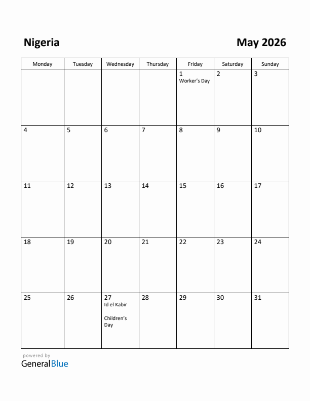 May 2026 Calendar with Nigeria Holidays