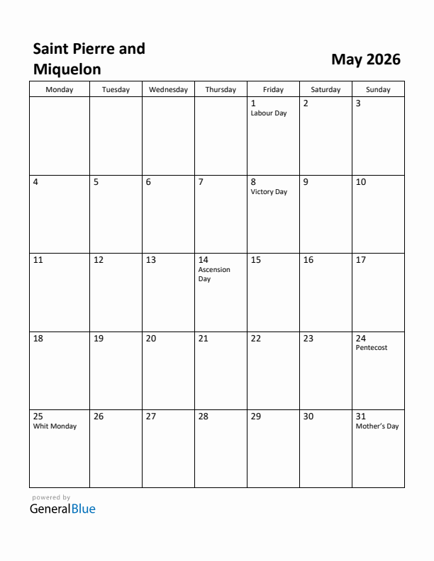 May 2026 Calendar with Saint Pierre and Miquelon Holidays