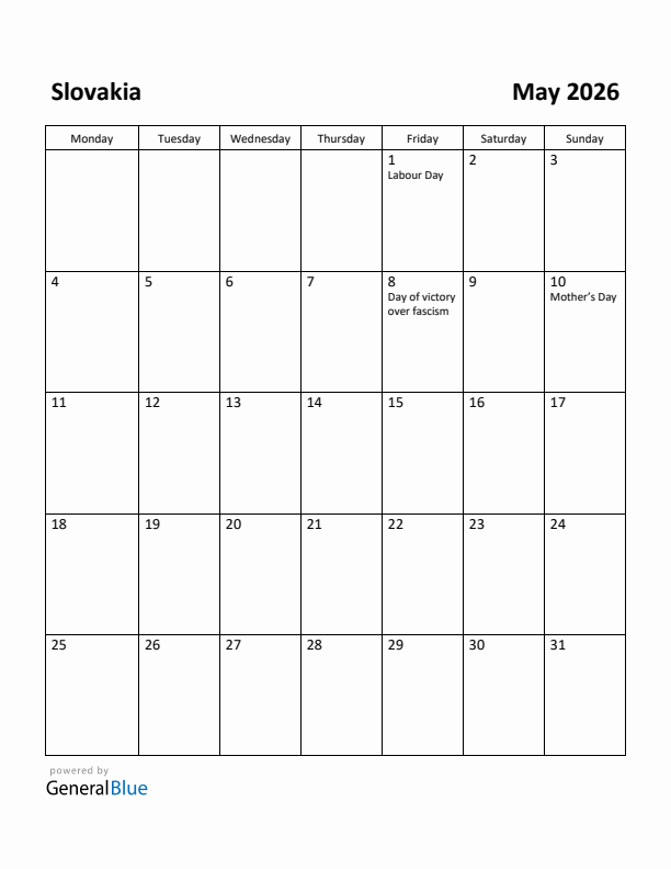 May 2026 Calendar with Slovakia Holidays