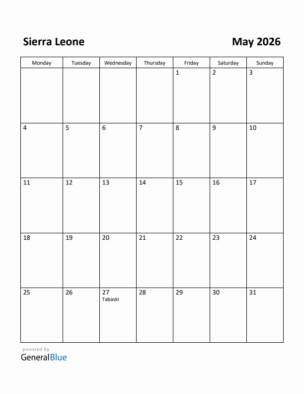 May 2026 Calendar with Sierra Leone Holidays