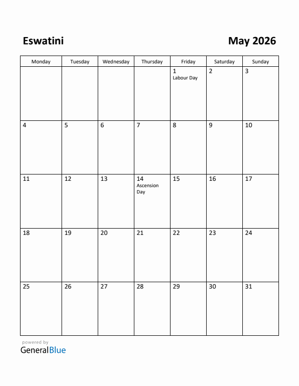 May 2026 Calendar with Eswatini Holidays