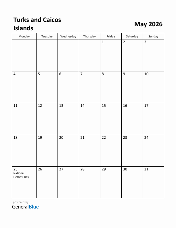 May 2026 Calendar with Turks and Caicos Islands Holidays