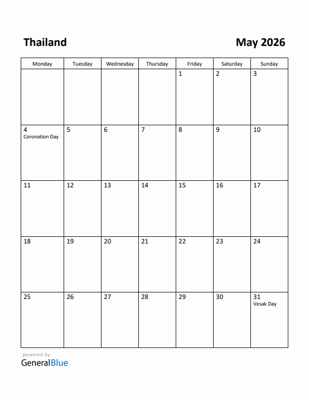 May 2026 Calendar with Thailand Holidays