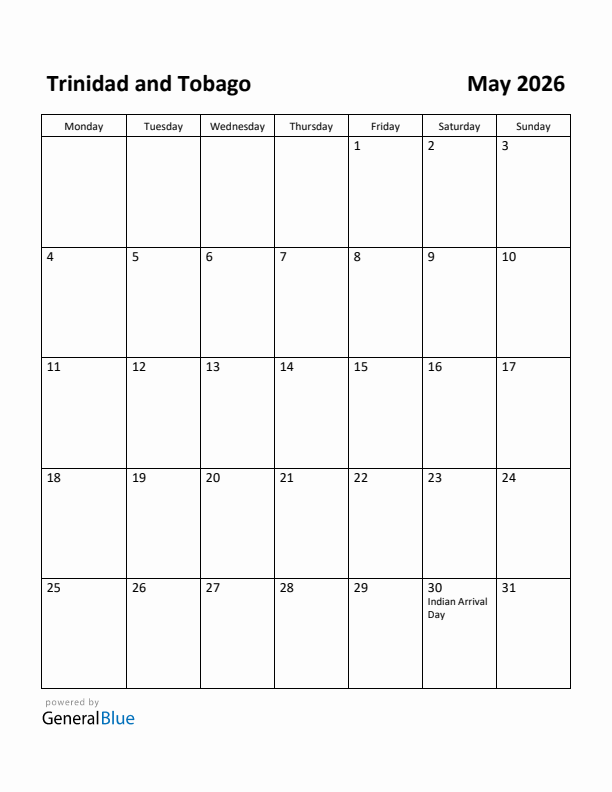 May 2026 Calendar with Trinidad and Tobago Holidays