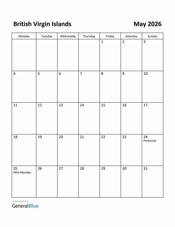 May 2026 Calendar with British Virgin Islands Holidays