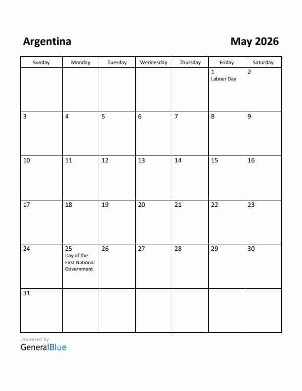 May 2026 Calendar with Argentina Holidays
