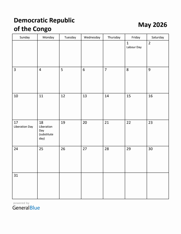 May 2026 Calendar with Democratic Republic of the Congo Holidays