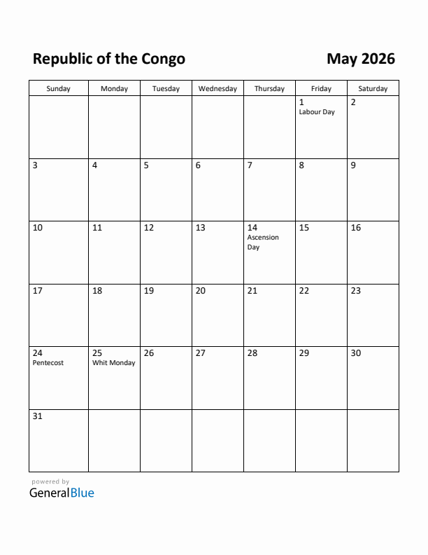 May 2026 Calendar with Republic of the Congo Holidays