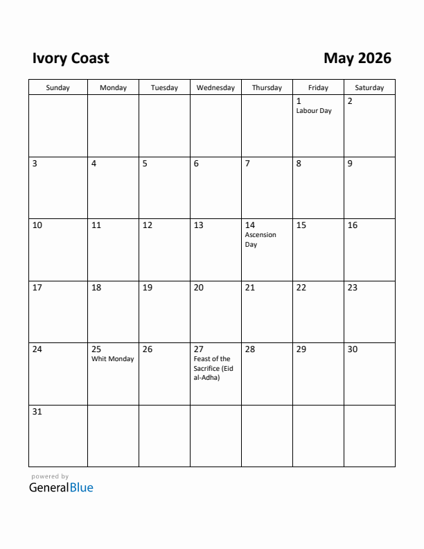 May 2026 Calendar with Ivory Coast Holidays