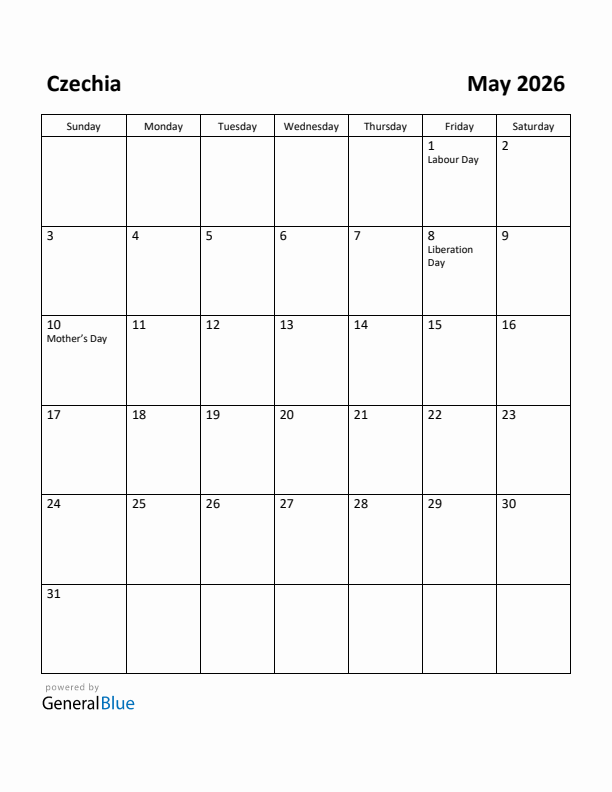 May 2026 Calendar with Czechia Holidays