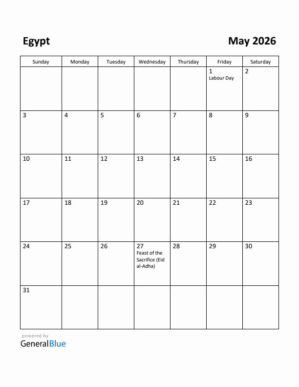 May 2026 Calendar with Egypt Holidays
