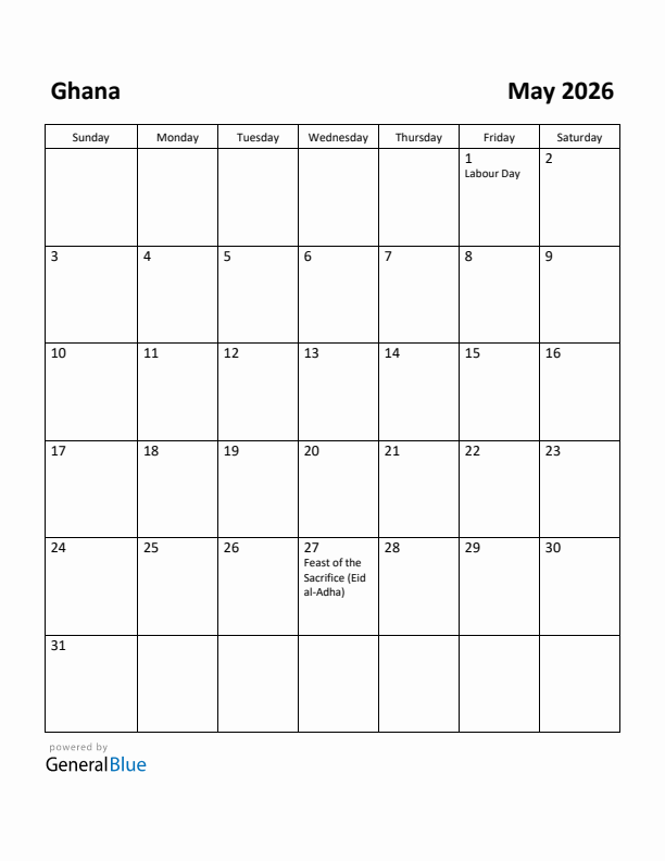 May 2026 Calendar with Ghana Holidays