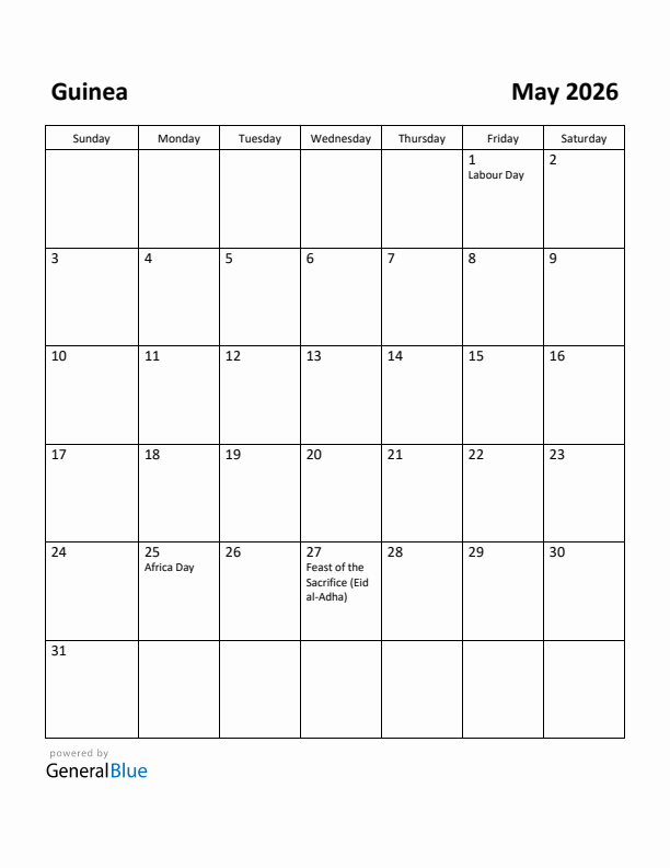 May 2026 Calendar with Guinea Holidays