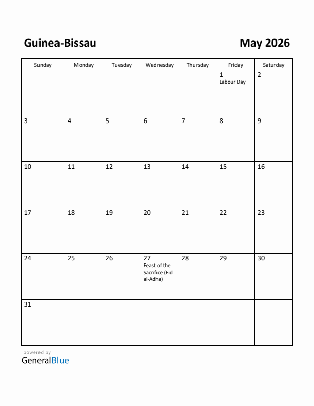 May 2026 Calendar with Guinea-Bissau Holidays