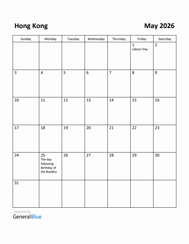 May 2026 Calendar with Hong Kong Holidays