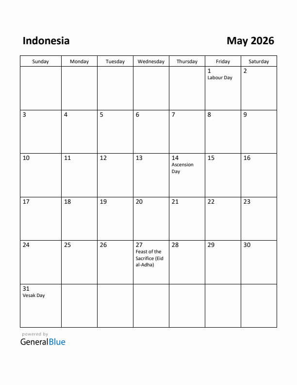 May 2026 Calendar with Indonesia Holidays