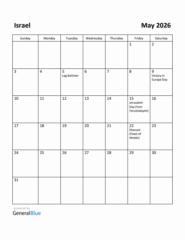 May 2026 Calendar with Israel Holidays