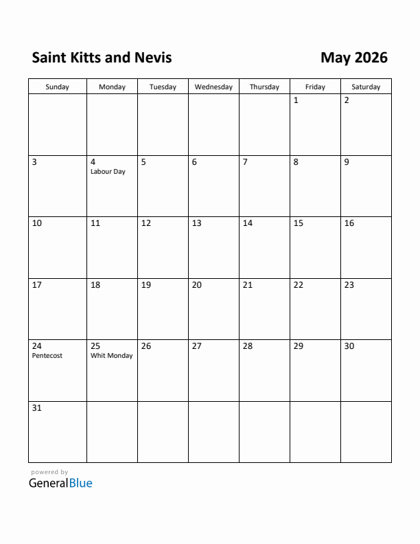 May 2026 Calendar with Saint Kitts and Nevis Holidays