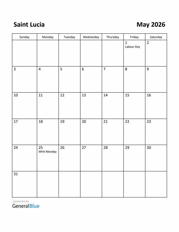 May 2026 Calendar with Saint Lucia Holidays