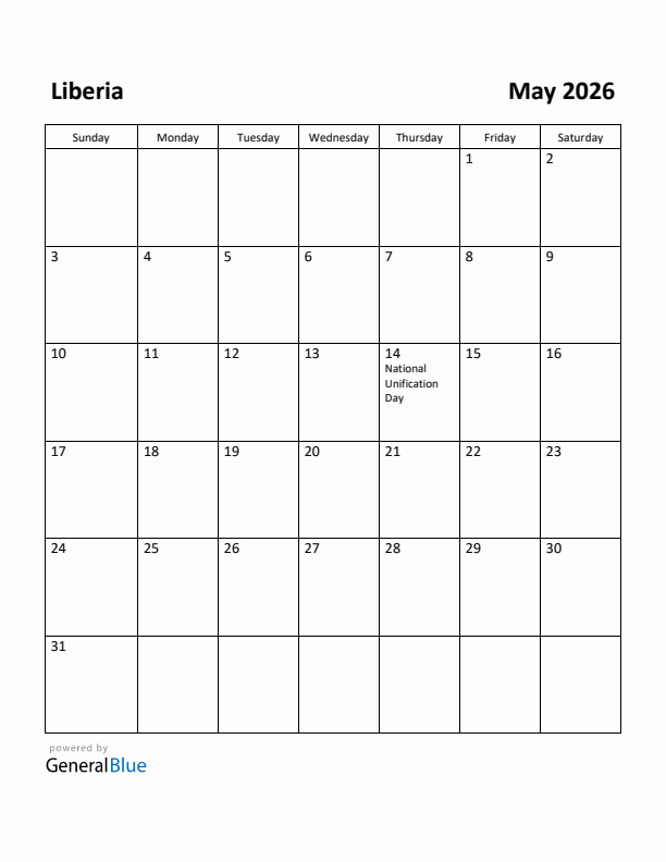 May 2026 Calendar with Liberia Holidays