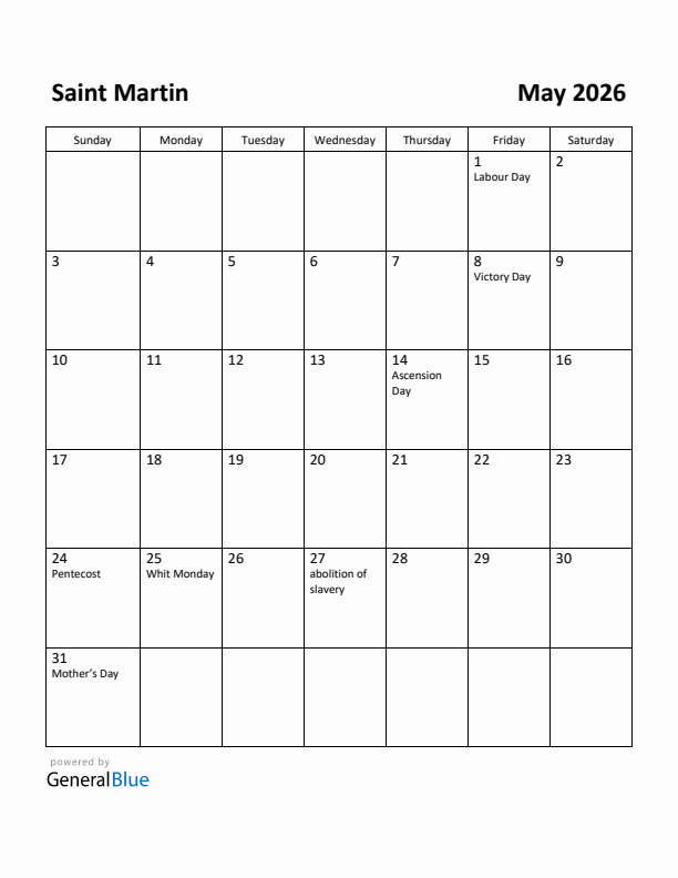 May 2026 Calendar with Saint Martin Holidays