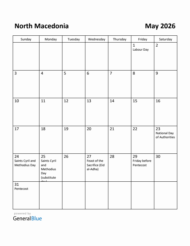 May 2026 Calendar with North Macedonia Holidays