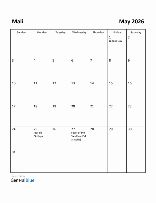 May 2026 Calendar with Mali Holidays