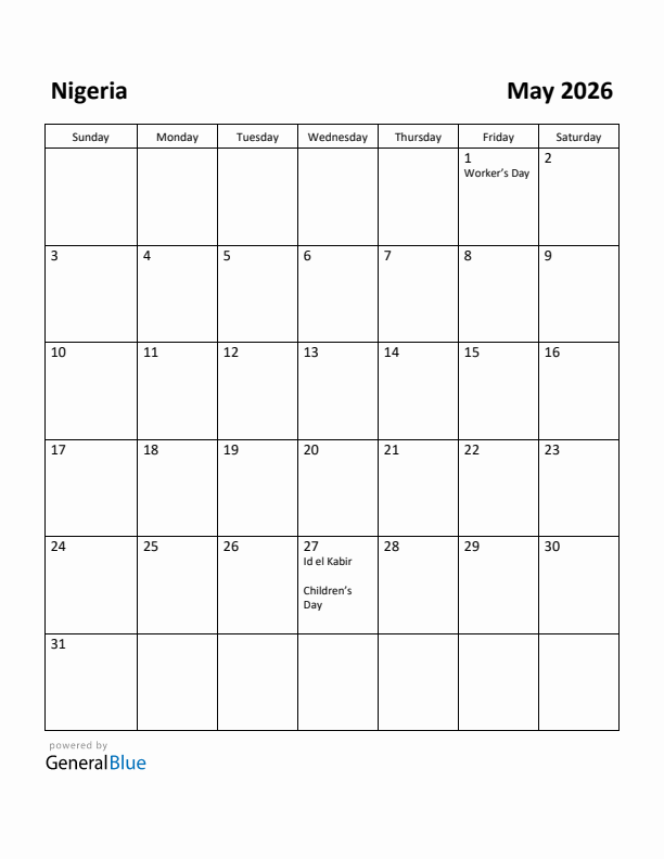May 2026 Calendar with Nigeria Holidays