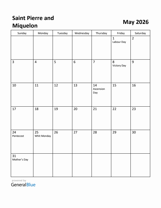 May 2026 Calendar with Saint Pierre and Miquelon Holidays